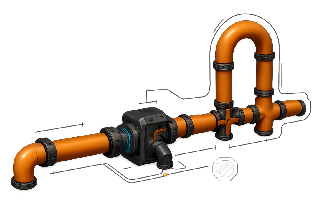 Overflow Junction sample build: a pumped pipe reaching a junction, one branch going straight on and one over a small rise