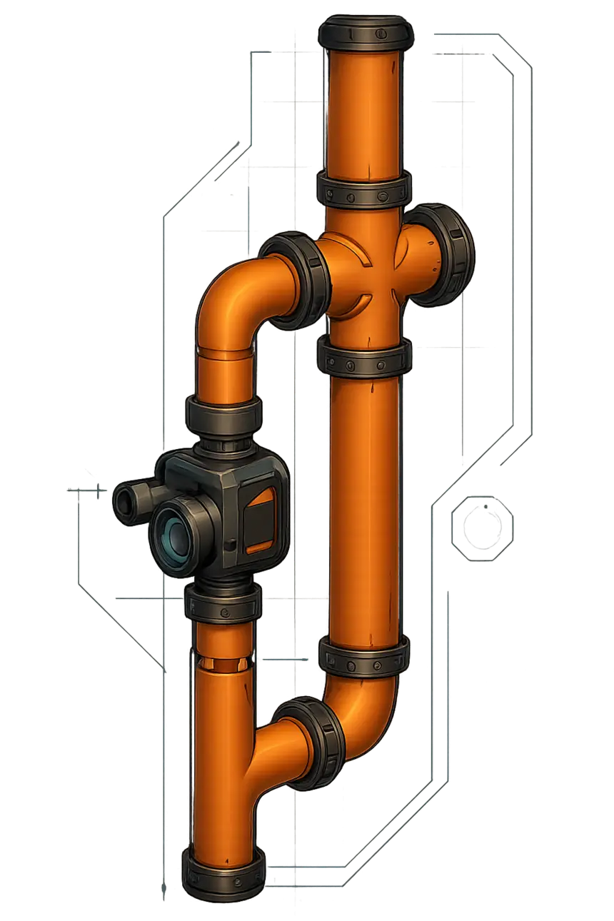 Two-Way Pump sample build: a pump on a vertical pipe with a junction above and below it