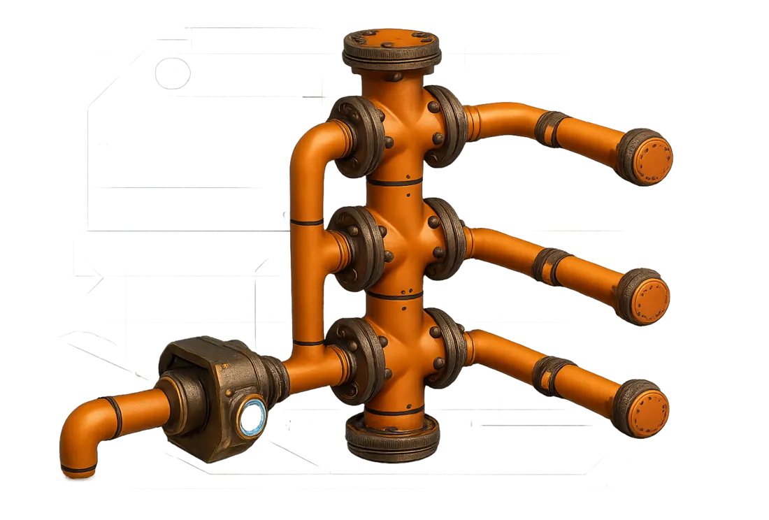 Variable Output Priority Junction sample build: one pumped input feeding three stacked junctions with valves