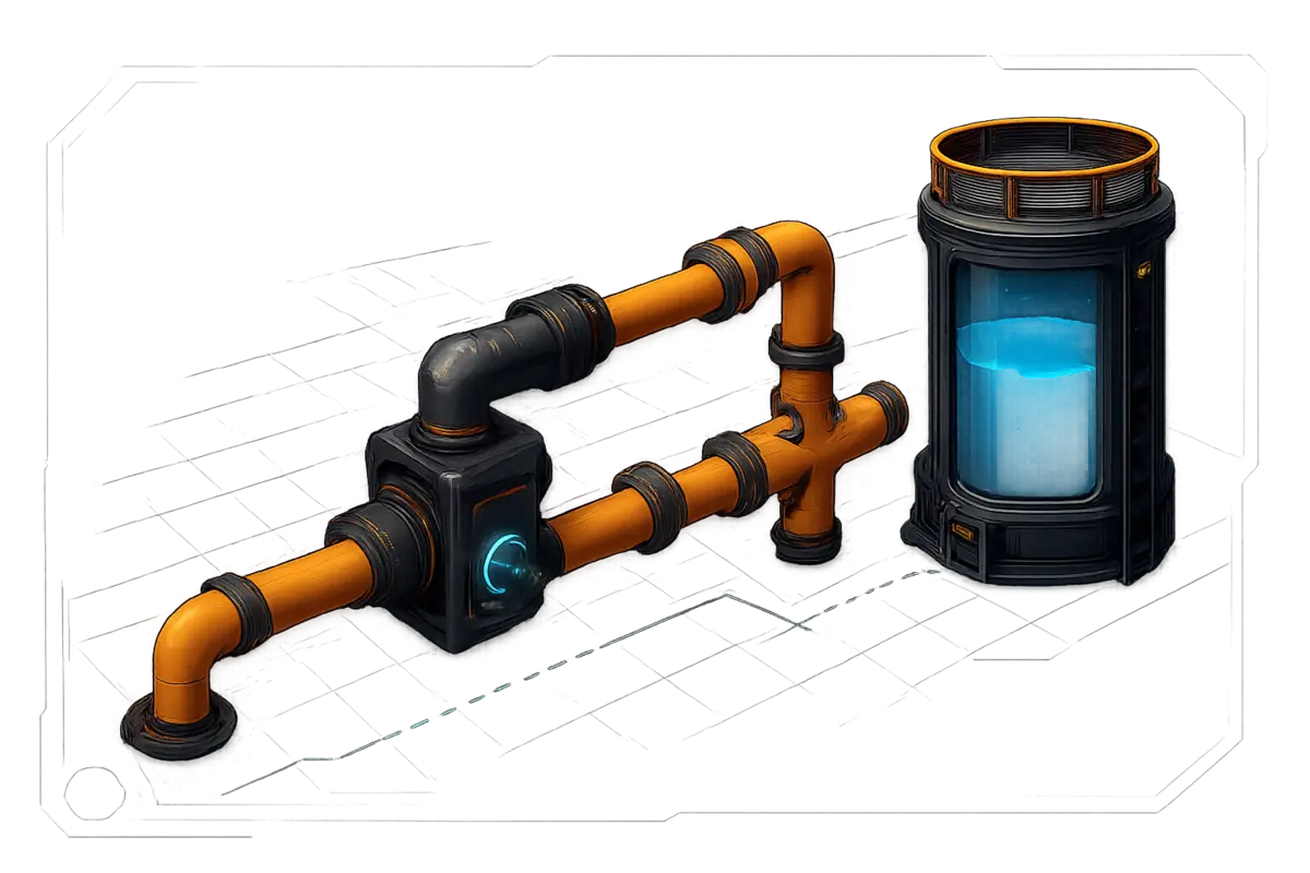 A pipeline network with a pump, a junction and a fluid buffer